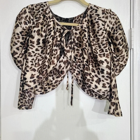 Brown/Black Leopard Print Front Tie Shirt Size S - Picture 7 of 10